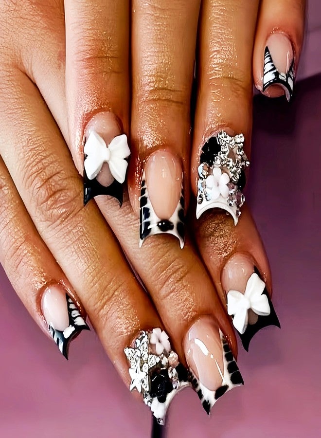 Quezadyl 24Pcs French Tip Press on Nails Short Square Fake Nails 3D Star Charms Rhinestones French with Cute White Bow Glitter Design Polka Dot Gradient Acrylic False Nails Glue on Nails for Women Cute Nail - Image 1